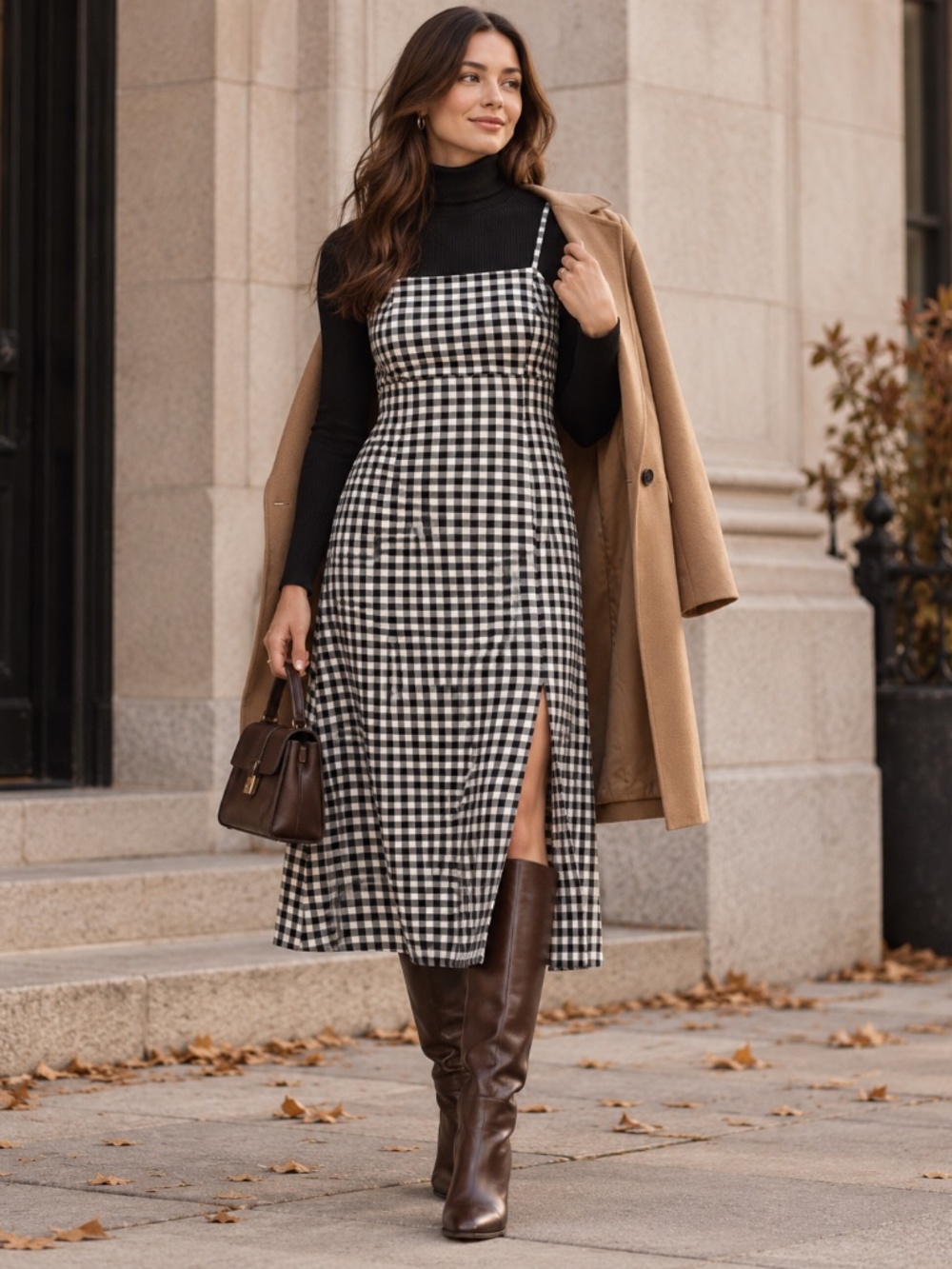 Zara Gingham Check Midi Dress Black White Size M Square Neck Slit